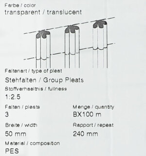 Faltenband für Falte mit Gardinen 1:2.5 3er Box 100m transparent